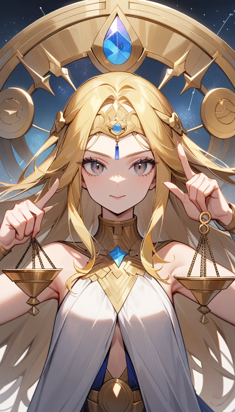 (Huang Li、high quality、Extremely detailed),Constellation - Libra goddess,Huge Libra,Woman holding a scale,Similar to Latin goodness,brave,capricious,Productivity,The face of enterprising and humanitarianism,Long yellow hair,Ancient Greek costumes、Wrap Dress,Conservative clothing,The background is the universe,Crystal black eyes(Eyes Details),Powerful appearance,Correct finger,Correct anatomy