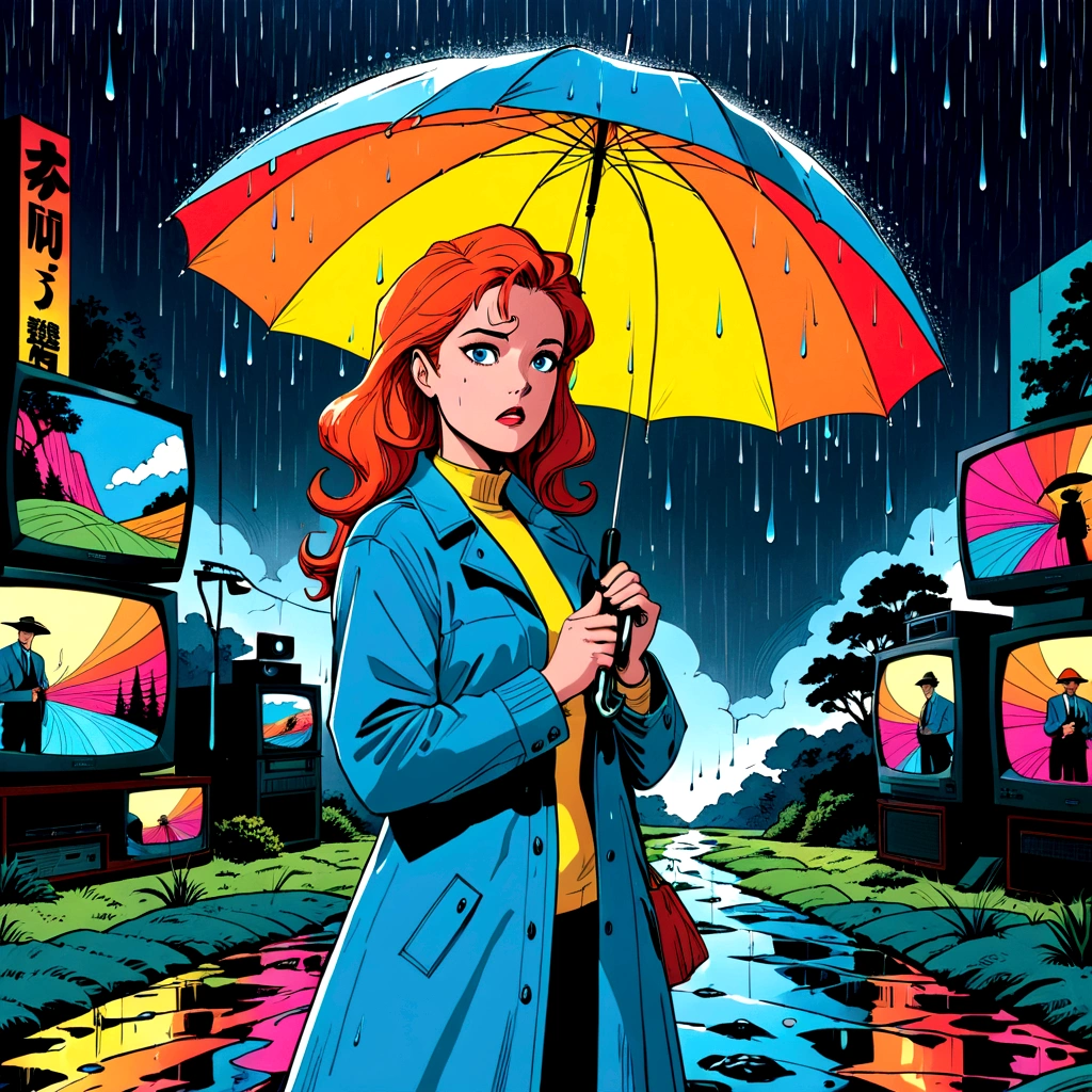 woman holding umbrella, technicolor rain, uv light face mask, , VHS, glitch, distorted, nostalgia, 90's retro vibes, analog tape, vcr aesthetics, tv, television, 1990's cartoon homage), comic 1990's, animated tv show screengrab, cinematic poster, image within image, multiple exposure, massive scale, rich color grading for shading depth, hand drawn rotoscope cartoon realism, chiaroscuro lighting, mixed media, vintage comic, retro original design, 1990's comic, sense of movement energy, A black and white world, holding umbrella, each drop of rain unleashes a ripple of color, bringing color to this otherwise mundane world, color reverberating out from each raindrop as it makes contact with the ground, subtle coloring to enrich the black and white image, rich color grading, sense of depth, shading and shadows