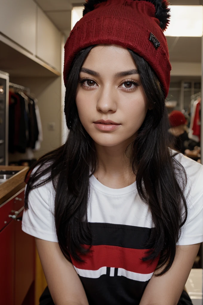 Black hair wearing a red beanie, black eyes, Jersey shirt