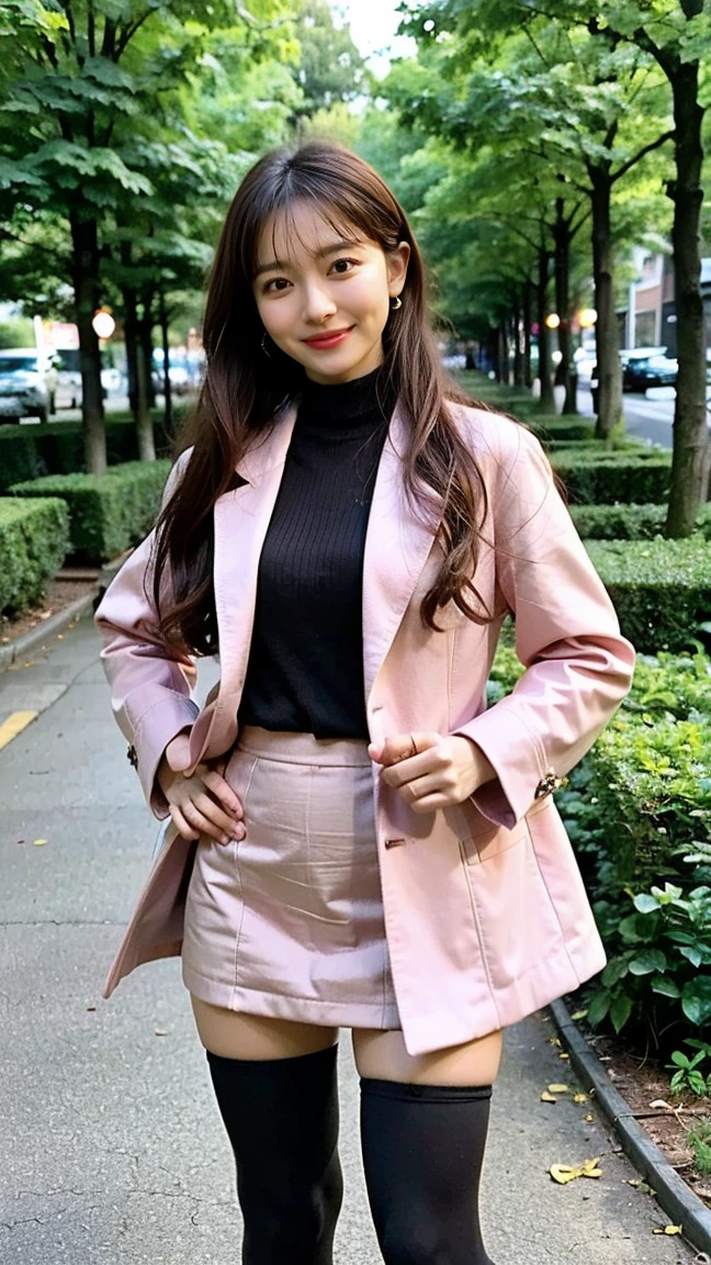 (8K、RAW Photos、Highest quality、masterpiece:1.2)、(Realistic、Realistic)、1 Girl、((Pink Coat、one piece、tights、Black mini skirt、boots、Big Breasts、whole body、garden、View from the front、Looking into the camera、Stand with one hand on your hip))、