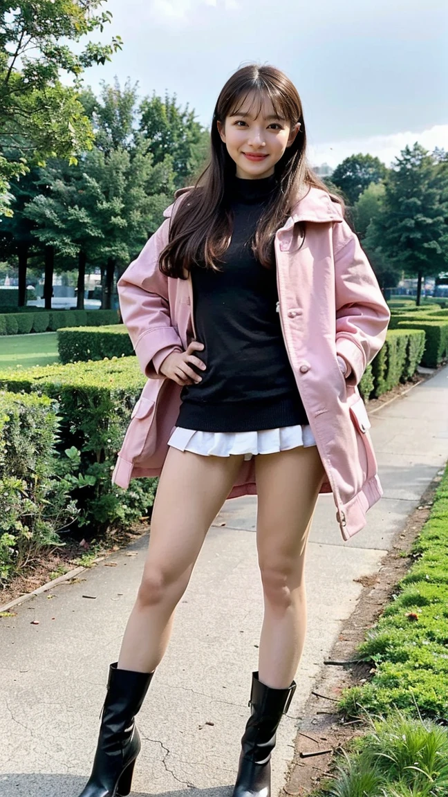 (8K、RAW Photos、Highest quality、masterpiece:1.2)、(Realistic、Realistic)、1 Girl、((Pink Coat、one piece、tights、Black mini skirt、boots、Big Breasts、whole body、garden、View from the front、Looking into the camera、Stand with one hand on your hip))、