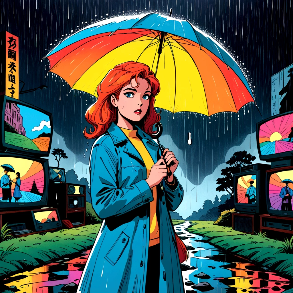 woman holding umbrella, technicolor rain, uv light face mask, , VHS, glitch, distorted, nostalgia, 90's retro vibes, analog tape, vcr aesthetics, tv, television, 1990's cartoon homage), comic 1990's, animated tv show screengrab, cinematic poster, image within image, multiple exposure, massive scale, rich color grading for shading depth, hand drawn rotoscope cartoon realism, chiaroscuro lighting, mixed media, vintage comic, retro original design, 1990's comic, sense of movement energy, A black and white world, holding umbrella, each drop of rain unleashes a ripple of color, bringing color to this otherwise mundane world, color reverberating out from each raindrop as it makes contact with the ground, subtle coloring to enrich the black and white image, rich color grading, sense of depth, shading and shadows