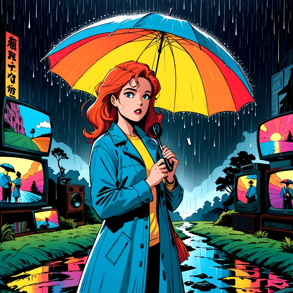 woman holding umbrella, technicolor rain, uv light face mask, , VHS, glitch, distorted, nostalgia, 90's retro vibes, analog tape, vcr aesthetics, tv, television, 1990's cartoon homage), comic 1990's, animated tv show screengrab, cinematic poster, image within image, multiple exposure, massive scale, rich color grading for shading depth, hand drawn rotoscope cartoon realism, chiaroscuro lighting, mixed media, vintage comic, retro original design, 1990's comic, sense of movement energy, A black and white world, holding umbrella, each drop of rain unleashes a ripple of color, bringing color to this otherwise mundane world, color reverberating out from each raindrop as it makes contact with the ground, subtle coloring to enrich the black and white image, rich color grading, sense of depth, shading and shadows