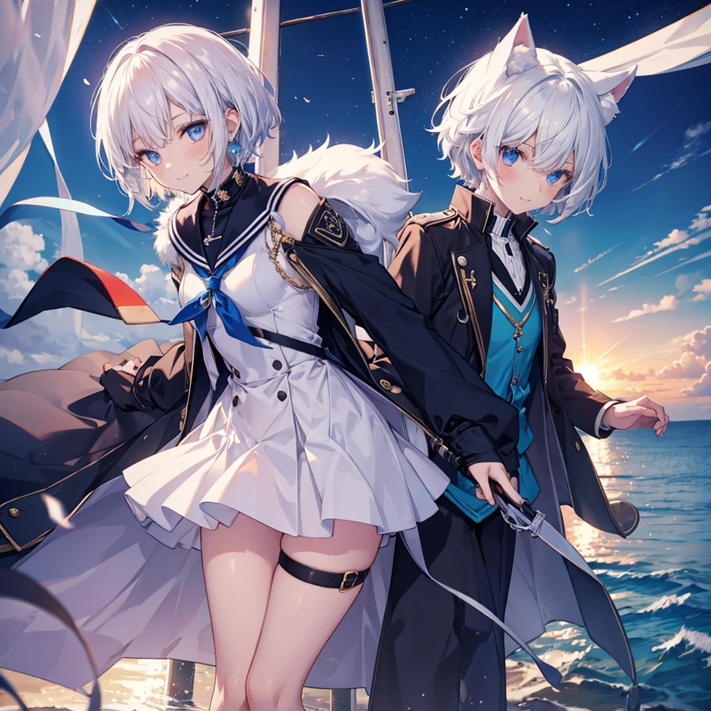 White Hair　blue eyes　short hair　Have　student　Cat ear　nice　Blue Earrings　necklace　gloves　beauty　thin　Sailor suit　Put on a black coat　Fantasy　smile　coastal　sunset　Fluffy hair
