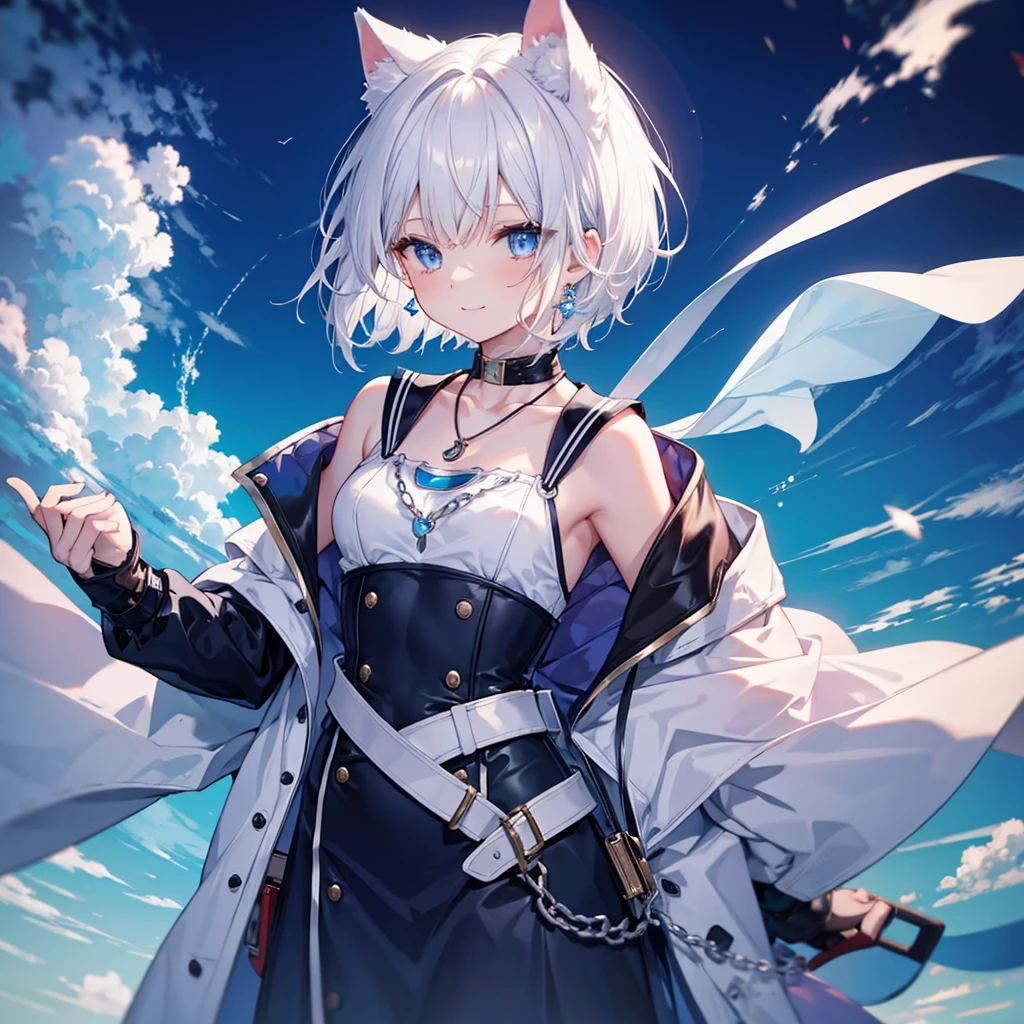 White Hair blue eyes short hair Have student Cat ear nice Blue Earrings necklace gloves beauty thin Sailor suit Put on a black coat Fantasy smile coastal sunset Fluffy hair
