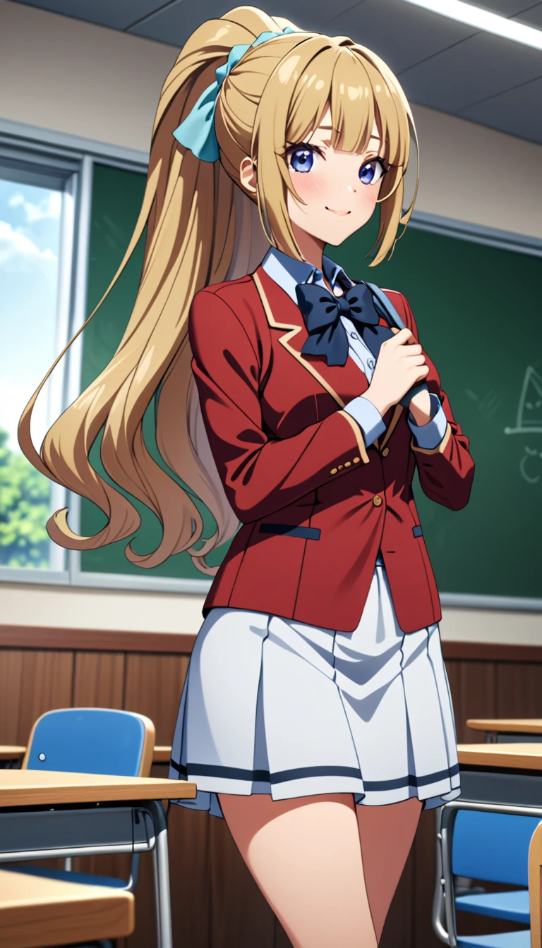 masterpiece, best quality, highres, ponytail hair, (single braid:1.2), hair ribbon, red blazer,buttoned blazer, blue bowtie, long sleeves, white skirt,standing in classroom,holding a school bag ,cowboy shot, smile,closed mouse