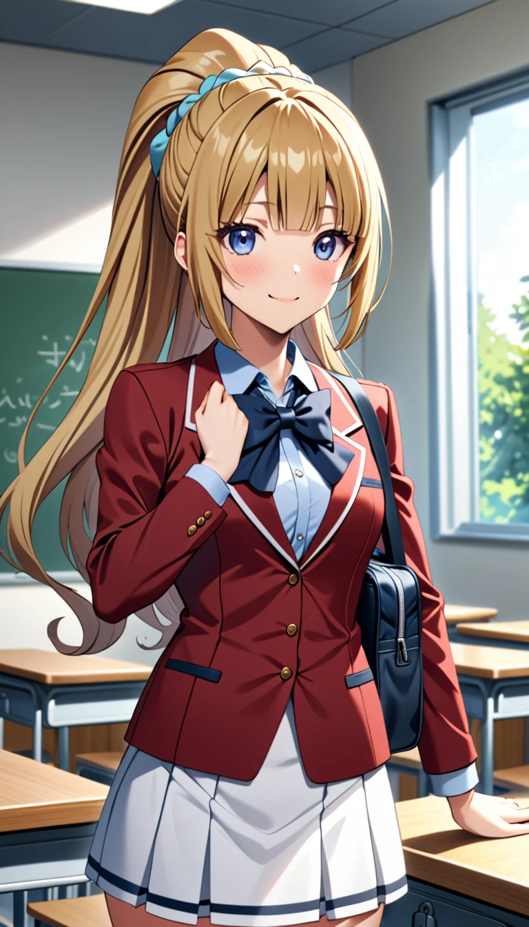 masterpiece, best quality, highres, ponytail hair, (single braid:1.2), hair ribbon, red blazer,buttoned blazer, blue bowtie, long sleeves, white skirt,standing in classroom,holding a school bag ,cowboy shot, smile,closed mouse