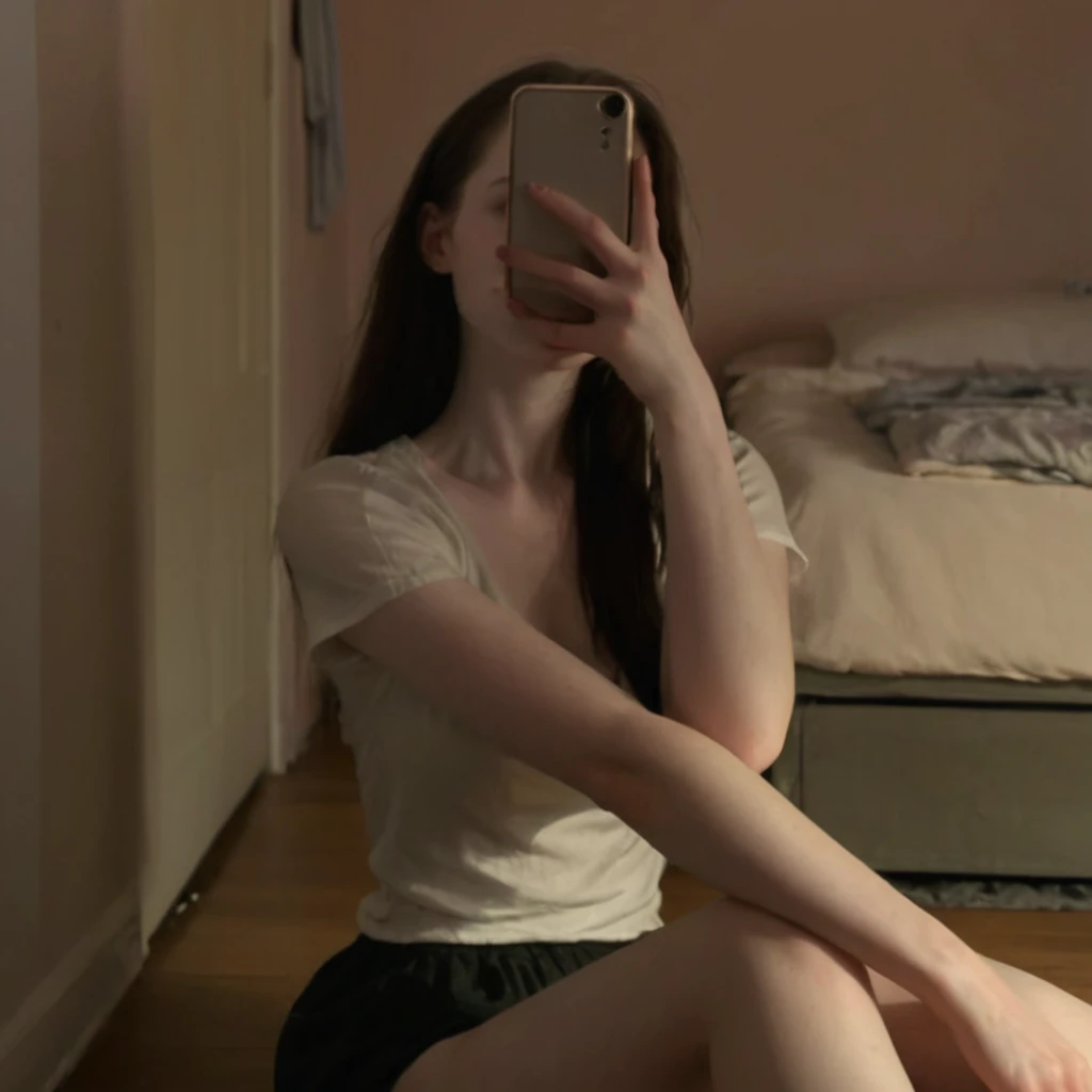 Woman sitting on the floor taking selfie in mirror, extremely pale, 1 8 Yes, extremely pale white skin, very Very low quality picture, 2 4-year-old female model, leaked images, very pale, Low quality photosgraph, leaked photos, Low quality photos, (12x) extremely pale white skin, Urzan, Very low quality