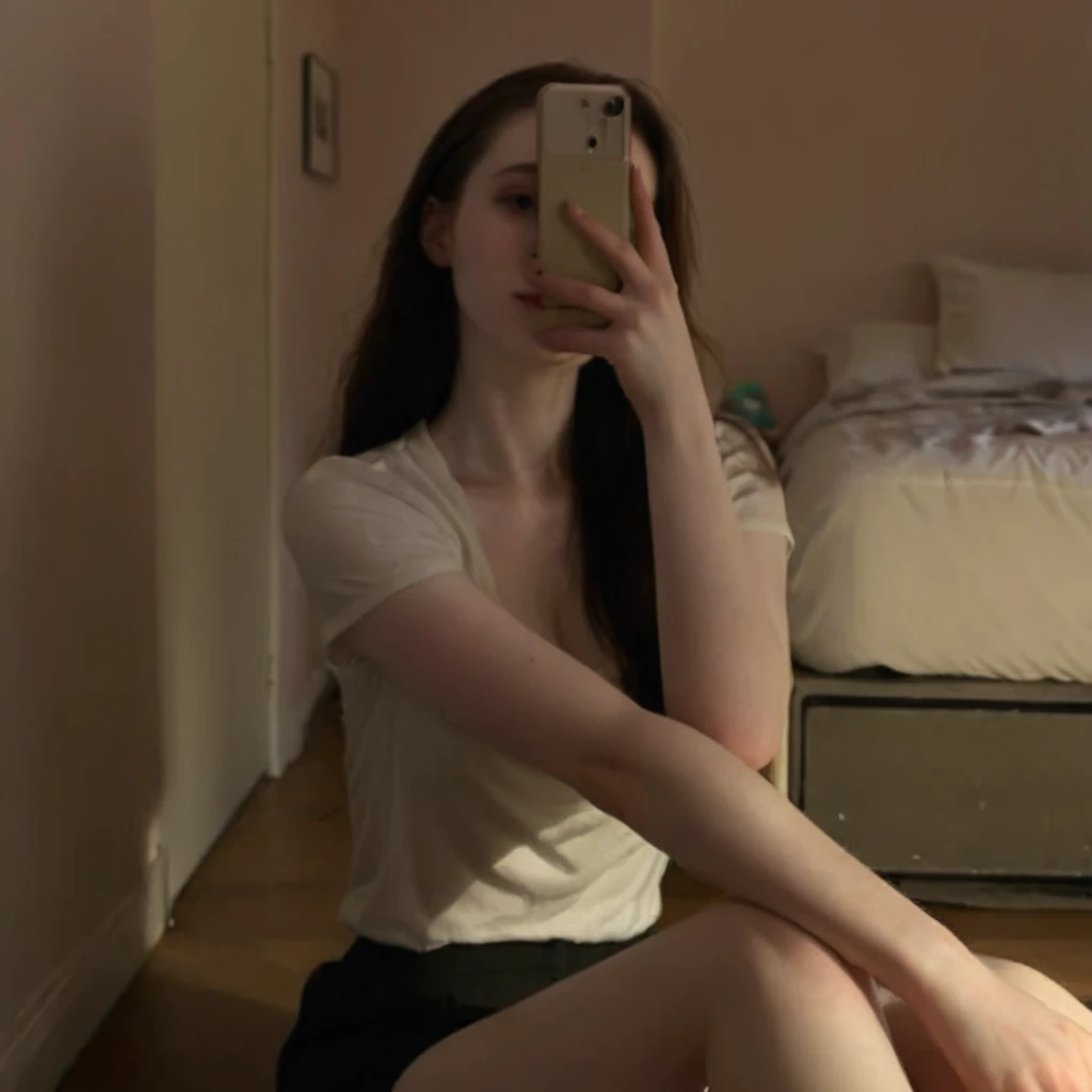 Woman sitting on the floor taking selfie in mirror, extremely pale, 1 8 Yes, extremely pale white skin, very Very low quality picture, 2 4-year-old female model, leaked images, very pale, Low quality photosgraph, leaked photos, Low quality photos, (12x) extremely pale white skin, Urzan, Very low quality