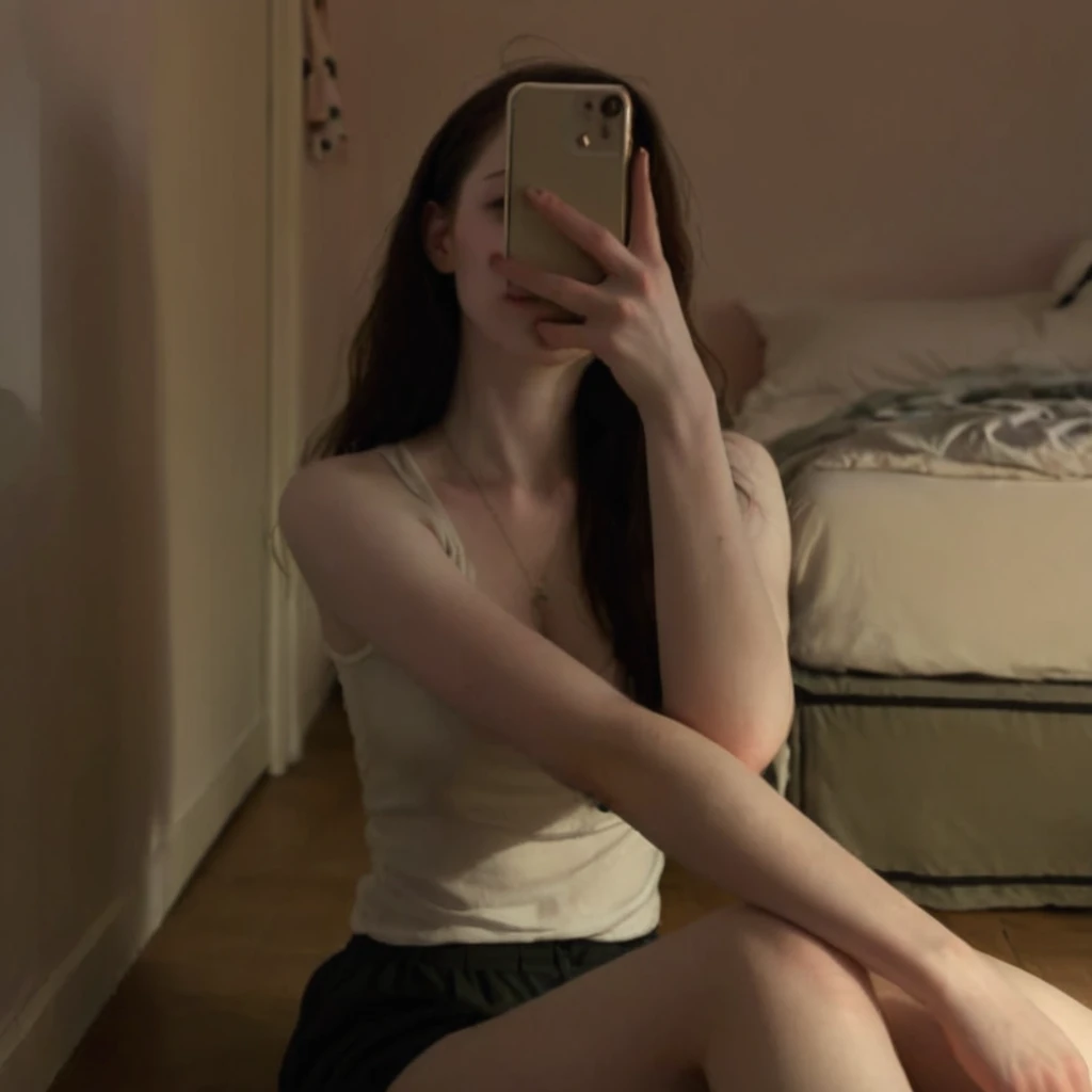 Woman sitting on the floor taking selfie in mirror, extremely pale, 1 8 Yes, extremely pale white skin, very Very low quality picture, 2 4-year-old female model, leaked images, very pale, Low quality photosgraph, leaked photos, Low quality photos, (12x) extremely pale white skin, Urzan, Very low quality