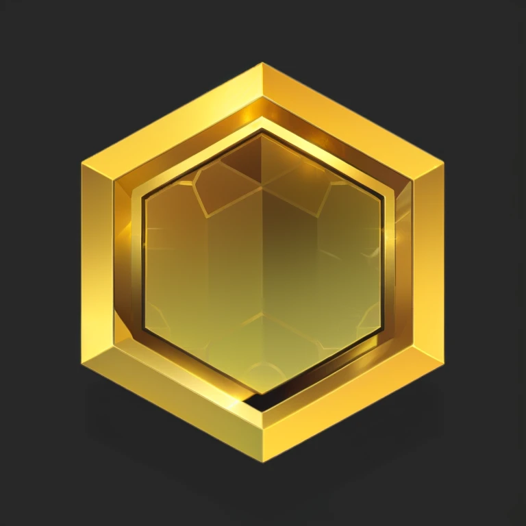 中心为gold的金属物体的特写, Game Icon Assets, gold, gold material, gold poli, Stylized game icons, metallic feel, 3d icons for mobile games, isometric 8k, gold skin, metallic gold skin, 2d shape logo, Hexagon shaped, Game assets, Hexagon, cube