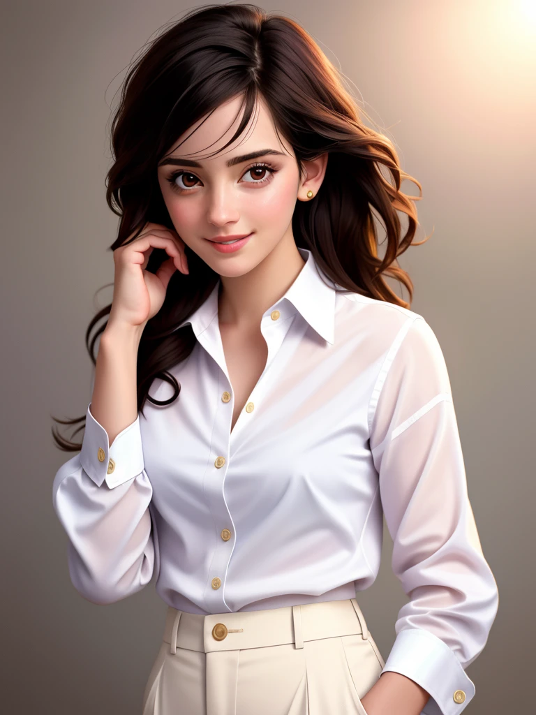 Realistic photo of a beautiful 3mm4w-v2 woman, 1girl, solo, looking at viewer, smile, simple background, black hair, brown eyes, blouse dress, pants, lips, realistic, unbuttoned, hand on own chin, soft lighting, professional Photography, Photorealistic, detailed, RAW, analog, sharp focus, 8k, HD, high quality, masterpiece