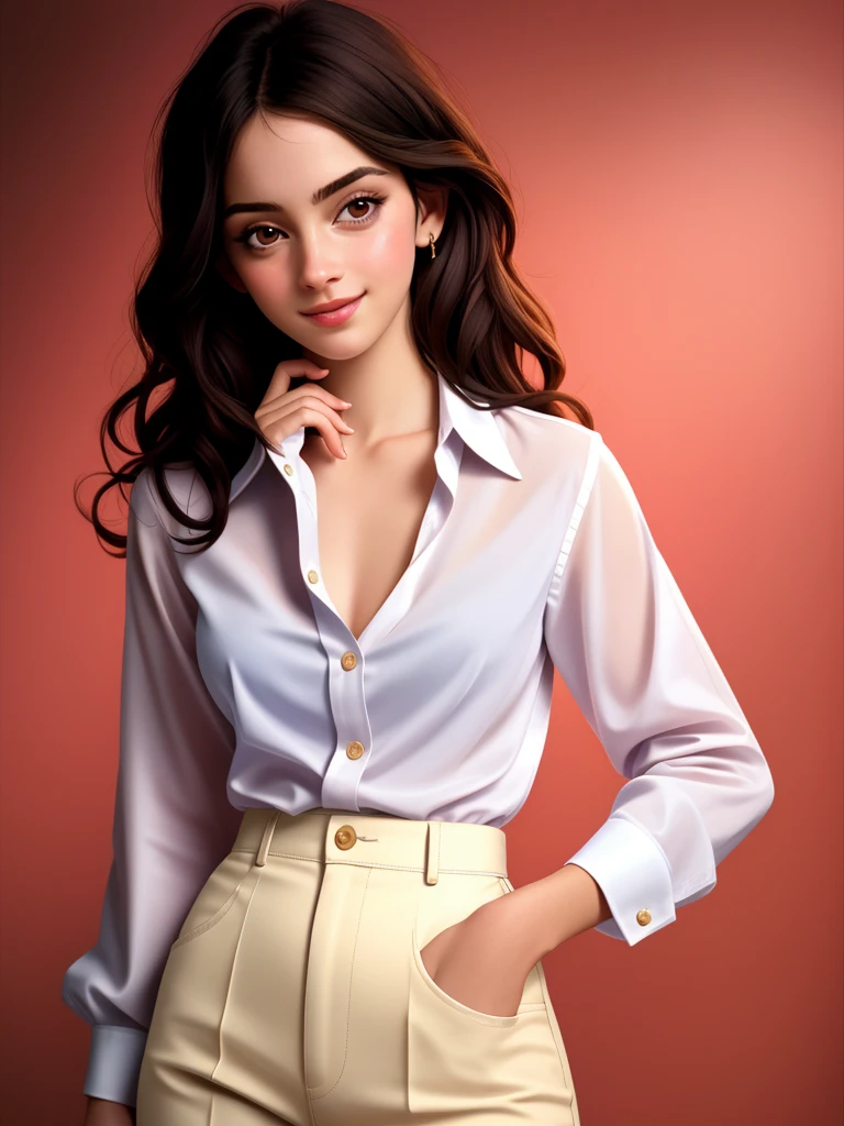 Realistic photo of a beautiful 3mm4w-v2 woman, 1girl, solo, looking at viewer, smile, simple background, black hair, brown eyes, blouse dress, pants, lips, realistic, unbuttoned, hand on own chin, soft lighting, professional Photography, Photorealistic, detailed, RAW, analog, sharp focus, 8k, HD, high quality, masterpiece