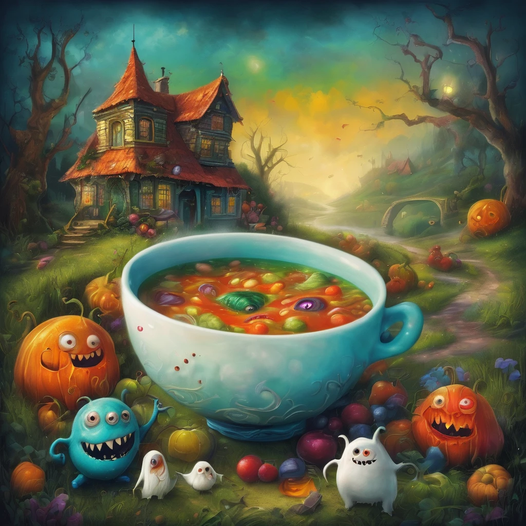 Colorful soup monster, Artistically expressed, style:By Alexander Jansson, Stunningly beautiful work, The characters and elements of the landscape fit completely within the image frame, Detailed realization, Define high quality, Expressive Face, Sharp eyes,(background:ghost house kitchen),masterpiece,Cute soup monster