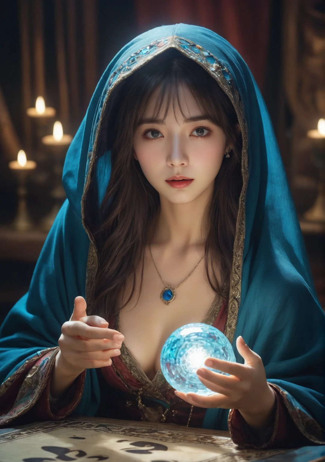 Female fortune teller. Body and face orientation: frontal. Charming, beautiful and mysterious. She wears a blue cloak and has a clear face. The atmosphere is bright and glittering, full of anxiety and anticipation. The fortune teller is standing. He holds a crystal ball in his right hand. The lighting in the room is bright, creating a fantastic atmosphere. Best picture quality, 4K or 8K resolution. The level of detail is very fine and realistic, almost photorealistic. Artistic style should reflect the aesthetic of the formula with bright colors and strong contrasts. The color palette should emphasize the mysterious and mystical theme of the piece. The fortune teller's cloak is embellished with metal trim and intricate designs with a thickness ratio of 1.5. The overall atmosphere is starry and magical. The expression on the fortune teller's face should evoke mystical interest.