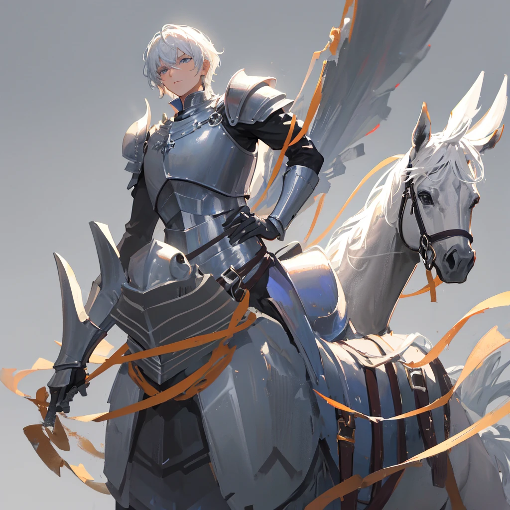 Medieval Cavalry,mighty,divinity,Men with short white hair,Wearing armor,((Plain gray background))