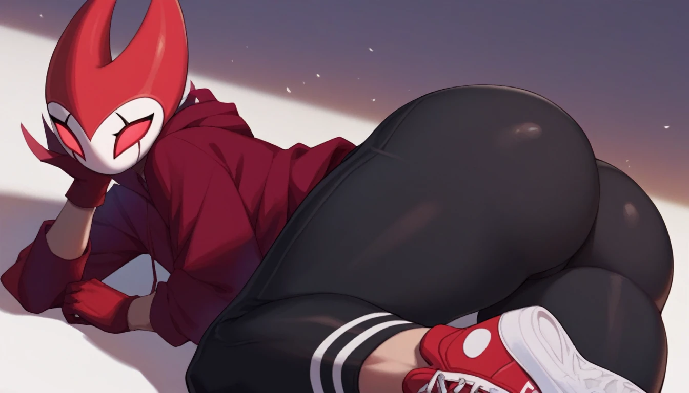 score_9, score_8_up, score_7_up, score_6_up, zPDXL2, grimm \(hollow knight\), vampire, bat, 1boy, solo, cute face, detailed eyes, portrait, thick thighs, anthro, thick ass, pov, tight white sports pants, blue large hoodie, sexy pose, red sports gloves, pov, sneakers, background, seductive look, excited, cinematic angle, highlight buttocks, looking at us, lying on our side