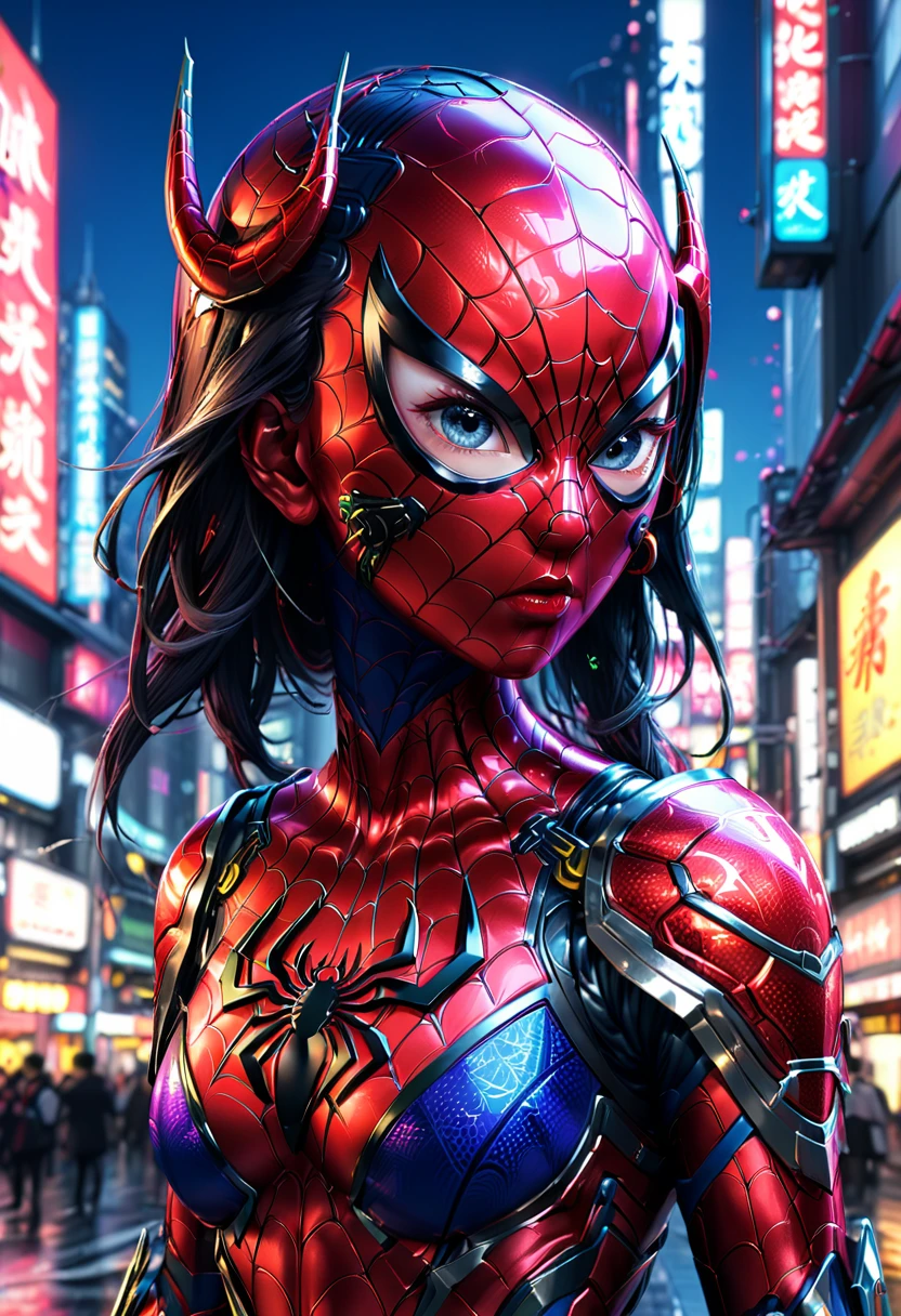 samurai spiderman, 1girl, extremely detailed eyes and face, beautiful detailed lips, longeyelashes, spider web, futuristic tokyo city, samurai armor, mecha spider legs, sci-fi style, digital art, cinematic lighting, neon colors, hyper detailed, 8k, photorealistic