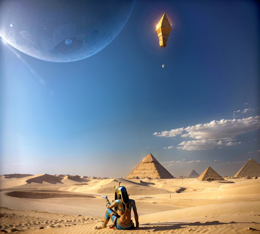 Create an image in Egypt, of a pharaoh with Eye of Horus, a Pyramid in the background, UFOs in the sky.