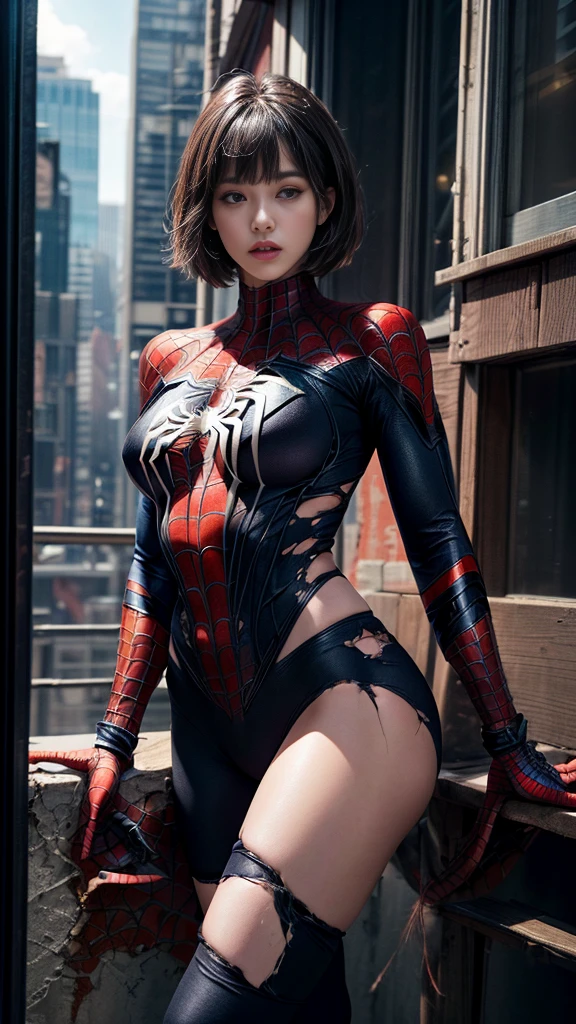 ((Cowboy Shot))、Mature Woman、(masterpiece, Highest quality), Intricate details, 8K, 1 Girl, Long Hair, Bowl Cut Hair,((blunt bangs))、 Black Hair,((Spiderman Suit)),Skyscraper, city, building,street,((Delicate painting)),(Detailed RAW photos of girls), (Pieces fly:1.25), (Highest quality:1.6), (Ultra-high resolution:1.5), (Photorealistic:1.75), 8K resolution, Canon EOS R5, 50mm, Confused, Very detailed,Cinema Lighting、(((Super big breasts)))、Leg spread、(I can see your abs)、((Separate suits))、Spider knee-high socks、Sexy pose、spiderman bikini、(((Ripped and tattered suit:1.1)))