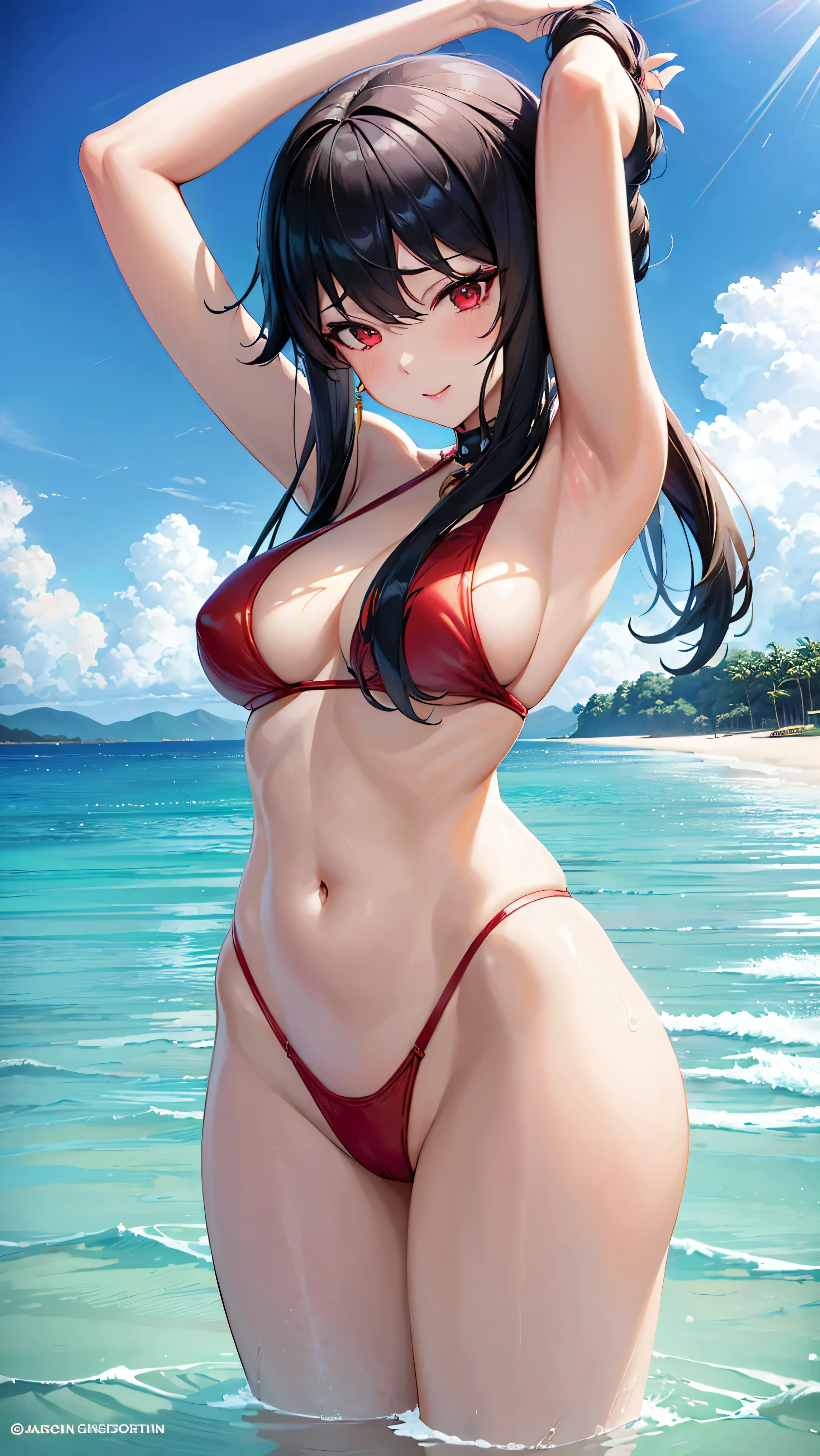 A woman in bikini standing in the water with her arms up, seductive anime girl, swimsuit, Beautiful and seductive anime woman, on the beach, on the beach, Realistic bikini, Anime girl, Guweiz, Thicc, Anime girls, Anime woman, Beautiful anime woman, Atractive anime girl, at sea, (Anime girl), beautiful anime girl, ((thick legs)))
