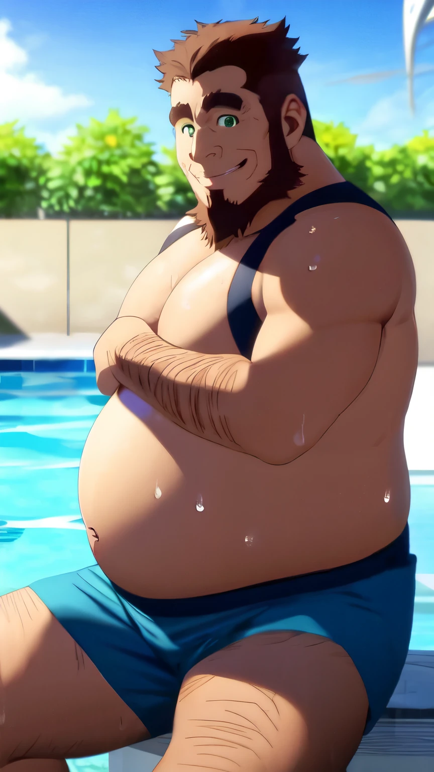 masterpiece, best quality, movie still, 1 boy, pool, male focus, looking at viewer, upper body , laxus_dreyar, blonde hair, 9 months pregnant, pregnant belly, nsfw, mouth open, milk on mouth, smiling