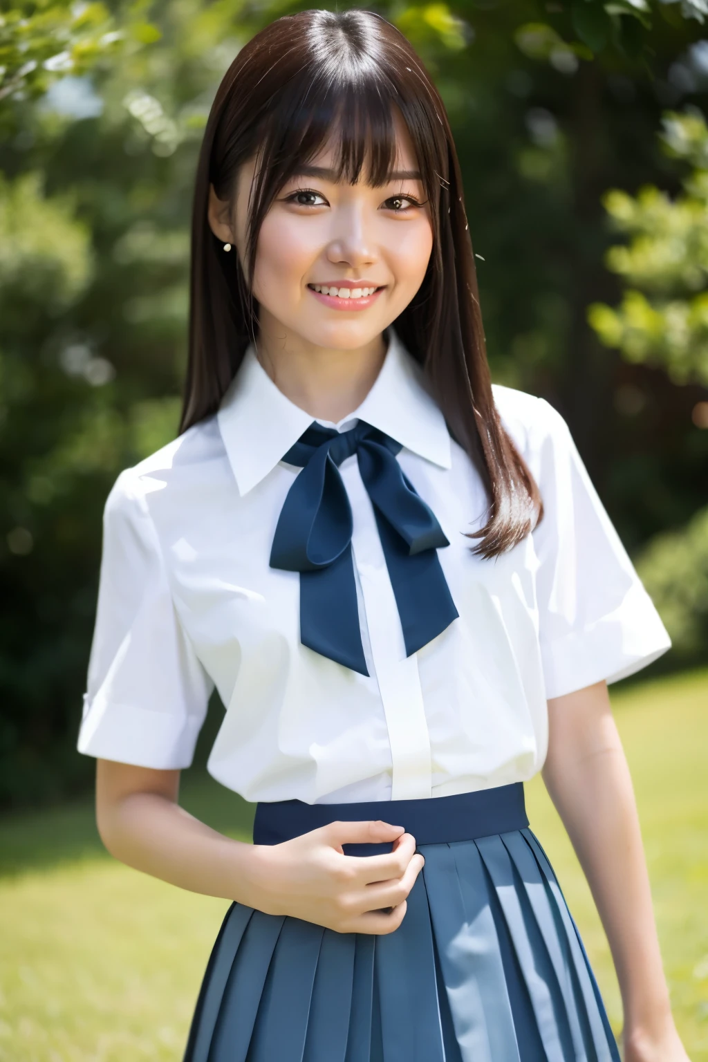 (Highest quality、Tabletop、Best image quality、、Award-winning works)、 Cute school girl、(White polyester collared shirt:1.3)、(Red ribbon on chest:1.1)、(Navy Pleated Skirt:1.3)、Perfect girl portrait photo、Glowing Skin、Standing Elegantly、(Strongly blurred grass park background:1.1)、Glowing White Skin、Very white skin、smile、Upper body photo