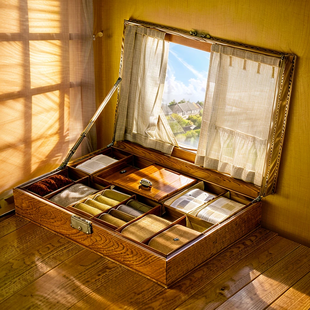 In this cozy room,A ray of sunlight shone through the half-drawn curtains on the table,Let the wood grain on the watch storage box shine with a faint luster。There was a calm and peaceful atmosphere in the air around them。There are several still lifes hanging on the walls of the room,It adds a touch of elegance to the space。And on the other side of the room,The half-open window lets in the breeze,The pages on the small desk by the window turned in the wind,This quiet scene gives a sense of tranquility and comfort。