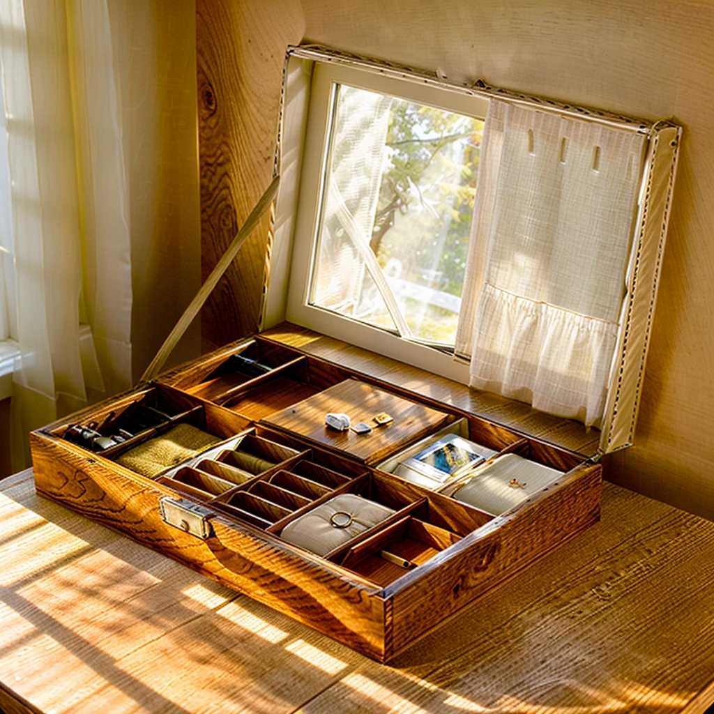 In this cozy room，A ray of sunlight shone through the half-drawn curtains on the table，Let the wood grain on the watch storage box shine with a faint luster。There was a calm and peaceful atmosphere in the air around them。There are several still lifes hanging on the walls of the room，It adds a touch of elegance to the space。And on the other side of the room，The half-open window lets in the breeze，The pages on the small desk by the window turned in the wind，This quiet scene gives a sense of tranquility and comfort。


