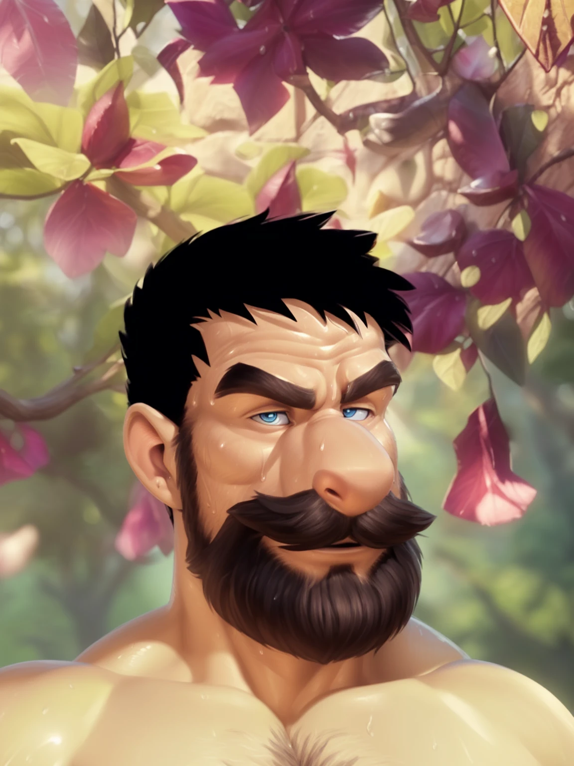 Captain haddock, (pose:Full Body Shot), (posing:Full Body Shot), (soft shading), (((4k, hi res, Ray tracing))), ((((extreme detailed sweat drops, glistening, glistening body))), ((detailed face, blue eyes,(detailed eyes:1.0), detailed)), by zackarry911, by zaush, (by personalami:0.5), looking at viewer, (((horny))), ((( wise))), 1boy, (((Highly detailed jewelry))), standing, closed mouth,(((Armpit hair, Mustache,body hair, nude, thick chest hair, beard, tuft, chest tuft, arm tuft))),(((muscular, dad bod, muscle vein))) ,male focus, black hair, (((naked, nude))), nature, nice hair (((extreme detailed chest hair,muscle vein))),