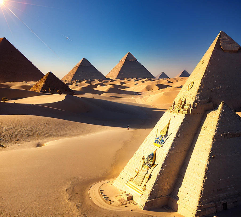 Create an image in Egypt, of a pharaoh with Eye of Horus, a Pyramid in the background, UFOs in the sky.