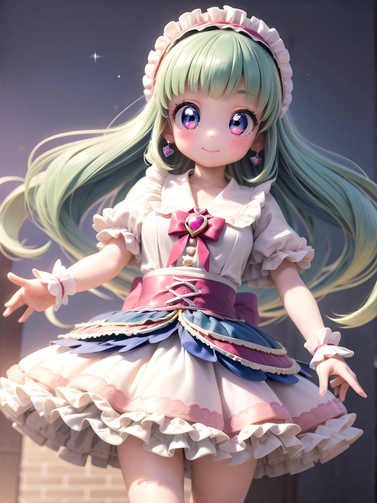 ((Highest quality)), ((masterpiece)), (be familiar with), (3d), Perfect Face, Big eyes, Drooping eyes, eyelash, The sparkling light of the eyes, (precure), (Aikatsu!), idol magical girl, lolita fashion, (mini skirt), big breasts, shy smile, closed mouth