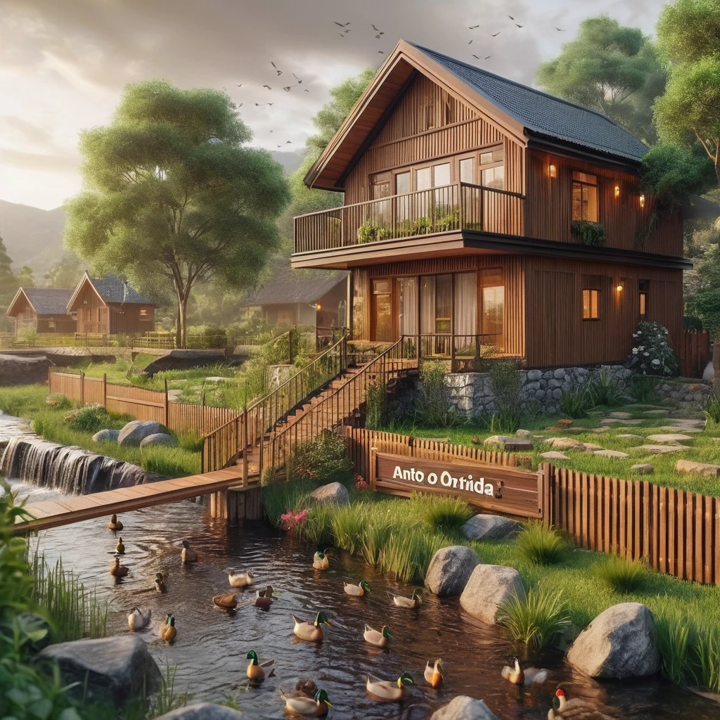 chocolate board house, near the river, there is grass bordering the fence, there is a fish pond, there are ducks swimming, there is a rocky path, there is a big nameplate that says Anto Orshida, real picture, full HD, 2K