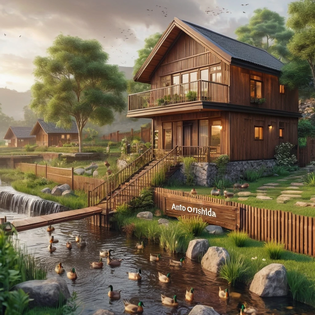 chocolate board house, near the river, there is grass bordering the fence, there is a fish pond, there are ducks swimming, there is a rocky path, there is a big nameplate that says Anto Orshida, real picture, full HD, 2K