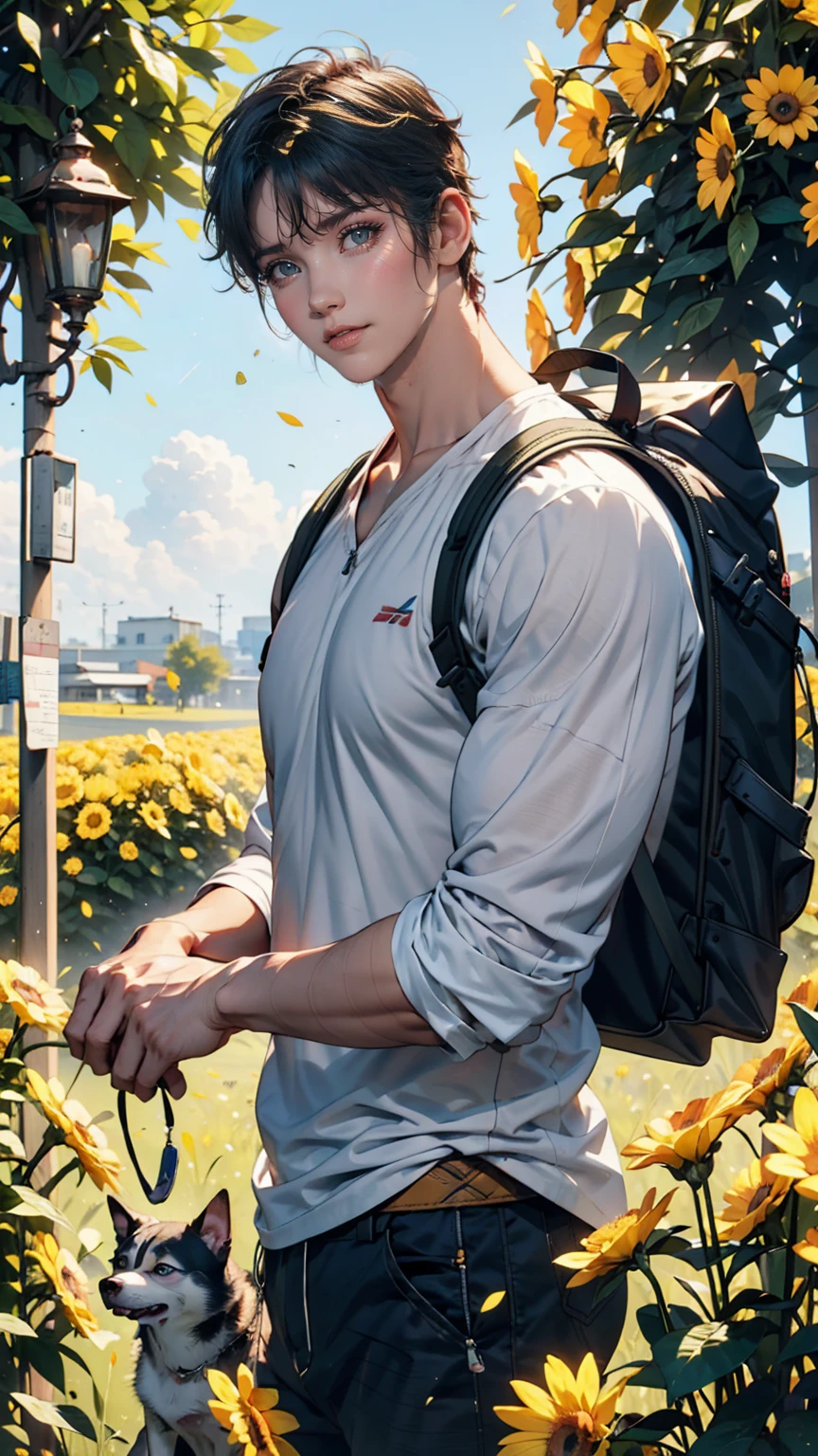 Very attractive boy with backpack and cute puppy (Husky) Enjoying a lovely spring outing surrounded by beautiful yellow flowers and nature. 4K resolution, High resolution, An illustration, Very detailed, Facial Features, comics, visual effects.