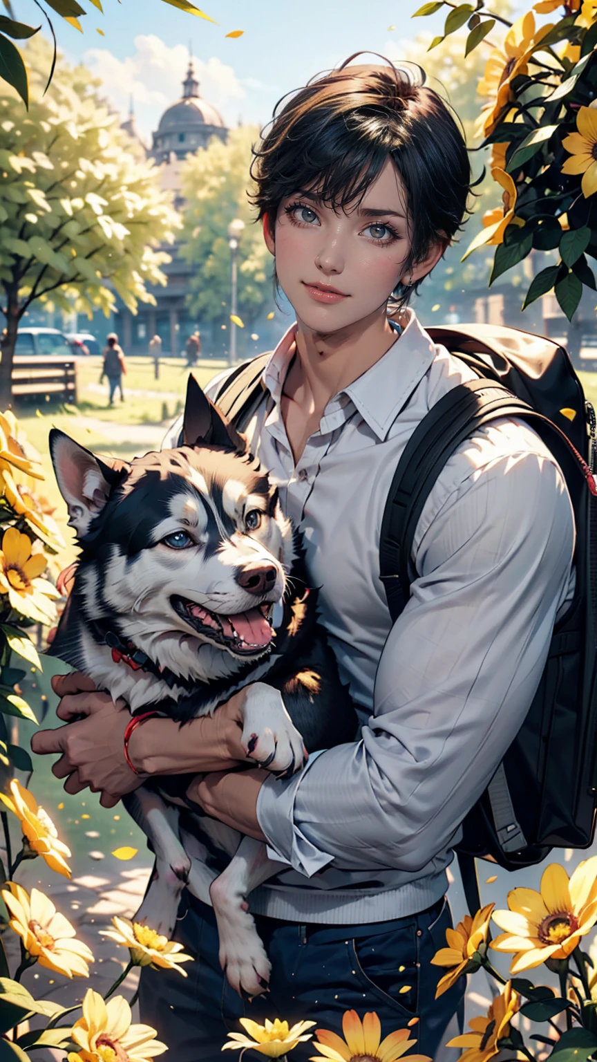 Very attractive boy with backpack and cute puppy (Husky) Enjoying a lovely spring outing surrounded by beautiful yellow flowers and nature. 4K resolution, High resolution, An illustration, Very detailed, Facial Features, comics, visual effects.