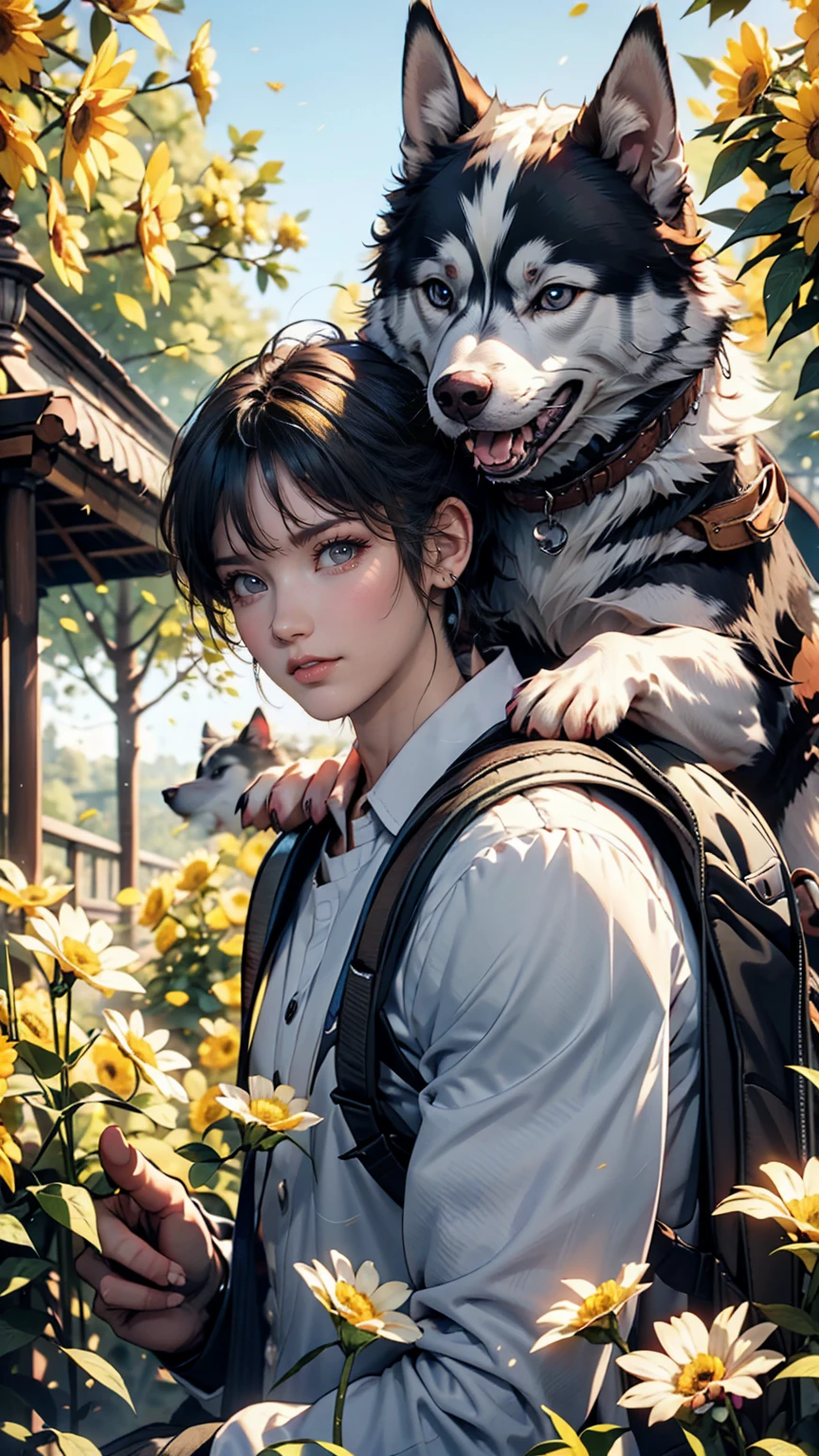 Very attractive boy with backpack and cute puppy (Husky) Enjoying a lovely spring outing surrounded by beautiful yellow flowers and nature. 4K resolution, High resolution, An illustration, Very detailed, Facial Features, comics, visual effects.
