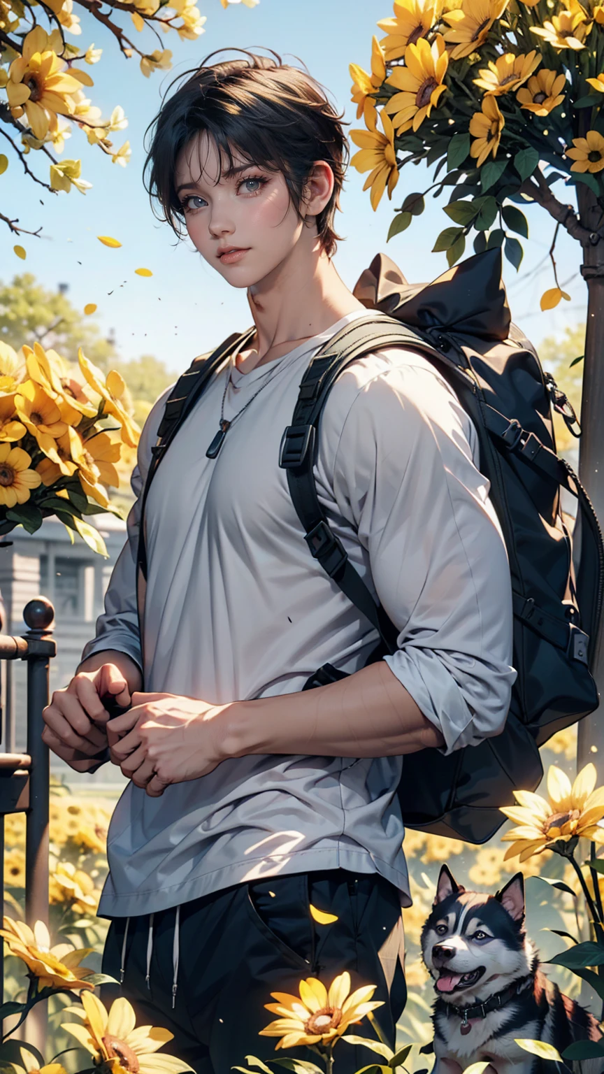 Very attractive boy with backpack and cute puppy (Husky) Enjoying a lovely spring outing surrounded by beautiful yellow flowers and nature. 4K resolution, High resolution, An illustration, Very detailed, Facial Features, comics, visual effects.  