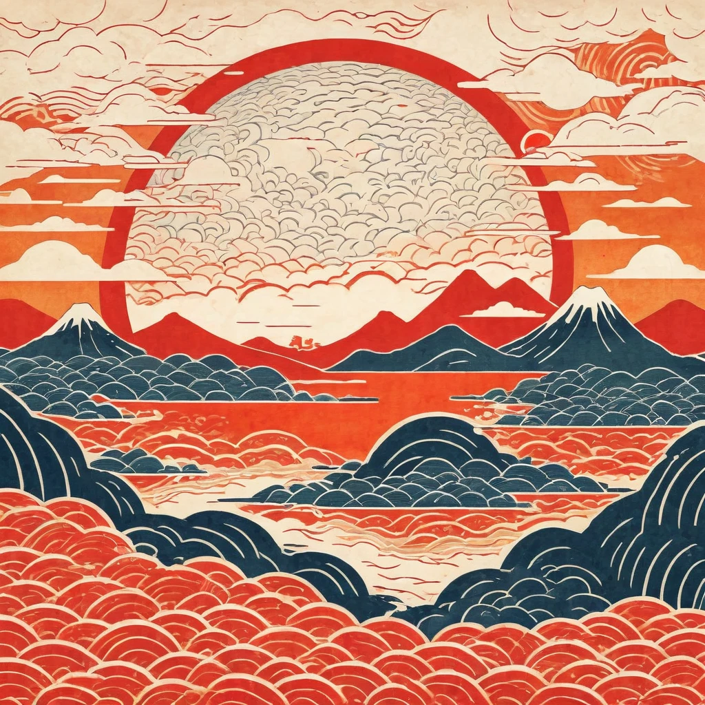 A Japanese woodblock-inspired depiction of the fiery sphere and landscape, with bold outlines, flat colors, and traditional patterns.