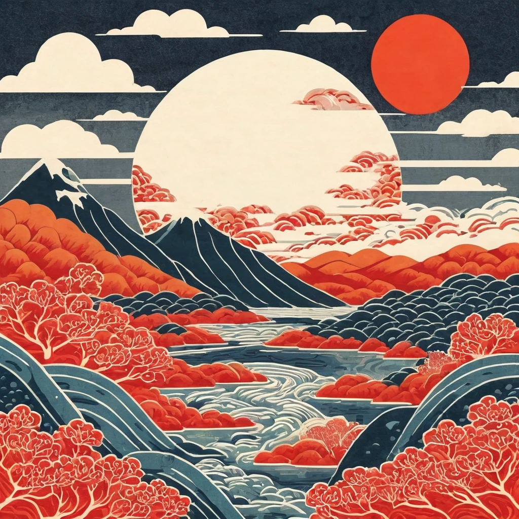 A Japanese woodblock-inspired depiction of the fiery sphere and landscape, with bold outlines, flat colors, and traditional patterns.