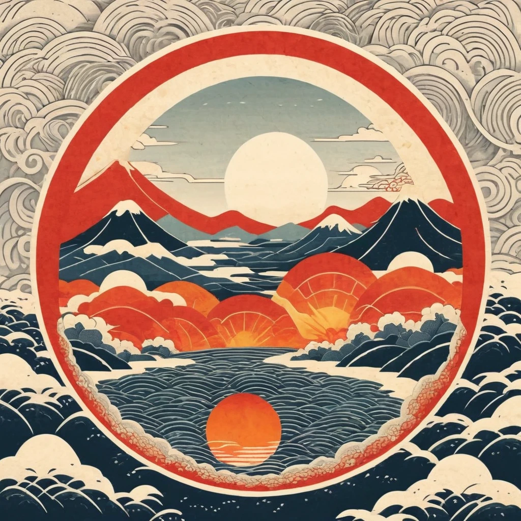 A Japanese woodblock-inspired depiction of the fiery sphere and landscape, with bold outlines, flat colors, and traditional patterns.