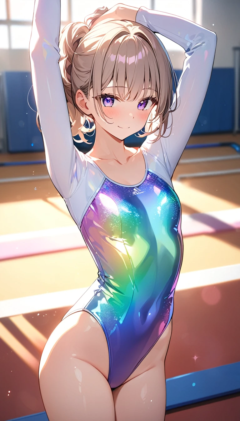 highquality illustration, masterpiece, very delicate and beautiful, attractive girl,(gymnastics leotard, Floral patterns leotard,long sleeve leotard with glittery decoration,high_leg leotard,athletic leotard,tight-fit leotard,iridescent gradient leotard),thin,slender body,slim,high school,gymnasium background,gymnastics club,gymnastics athlete,princess, beautiful eyes,light smile,(masterpiece, best quality:1.2), highres, extremely detailed CG unity 8k wallpaper, perfect lighting, Colourful, ultra-high res,4K,ultra-detailed, photography, 8K, HDR, 17 ages,