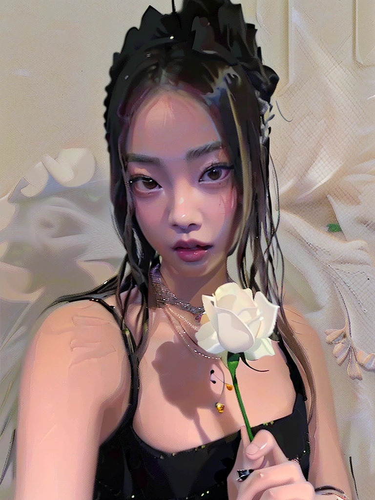 arafed woman with a rose in her hand and a necklace around her neck, blackpink jennie, jossi of blackpink, portrait of jossi of blackpink, roseanne park of blackpink, cruel korean goth girl, jinyoung shin, junko enoshima, shikamimi, chiho, with flowers, profile image, ulzzang, xintong chen