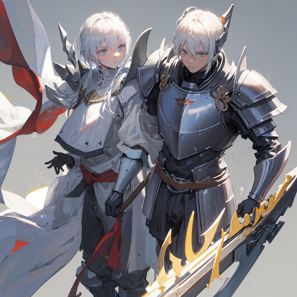 Medieval guards，warrior，mighty，divinity，Men with short white hair，Wearing armor，((Plain gray background))