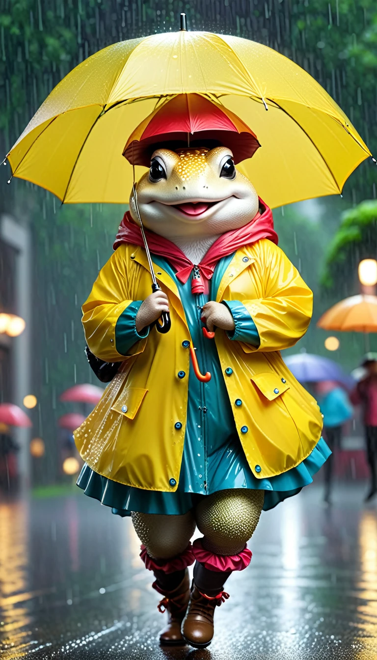 Realistic portraits of animals in clothes - ((Fat)) ((toadstools)) Dancer,(Holding an umbrella:2.0), (dynamic dancing:2.0), (Jumping in the rain :2.0),(Happy smile:1.5),high quality,(Happy),(Lovely) ,Intricate details, (She got wet in the heavy rain), Very detailed (( Hooded raincoat)) ,Very detailed umbrella, Wearing a raincoat, , (Happy), Soft lighting,(Full body image:1.5),Rain street background,(View from below:2.0),