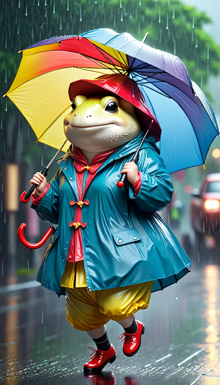 Realistic portraits of animals in clothes - ((Fat)) ((toadstools)) Dancer,(Holding an umbrella:2.0), (dynamic dancing:2.0), (Jumping in the rain :2.0),(Happy smile:1.5),high quality,(Happy),(Lovely) ,Intricate details, (She got wet in the heavy rain), Very detailed (( Hooded raincoat)) ,Very detailed umbrella, Wearing a raincoat, , (Happy), Soft lighting,(Full body image:1.5),Rain street background,(View from below:2.0),