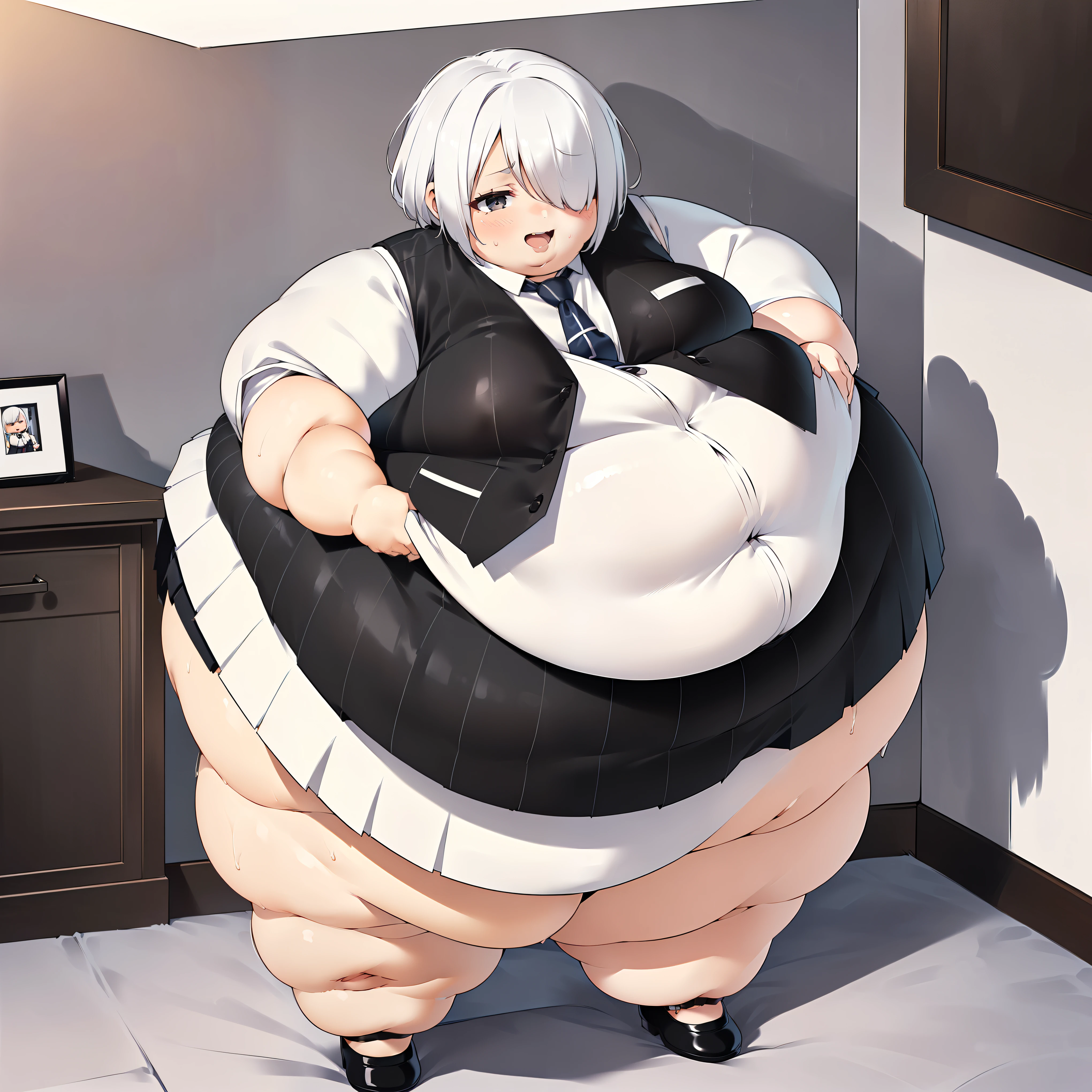 (((baby))), (((little cutie))), (((short stature))), (((White shirt, vest, vest , tie, Short skirt, Masterpiece, 4k ))), ((white hair with fringe covering one eye)), ((chubby)), (((Obese))), ((Fat face)), (((big belly))), (((Open mouth))), fat and wide thighs, belly, (((tender pose ))), (((in a room))), detailed background, ((full body image)), (((fat rolls))),