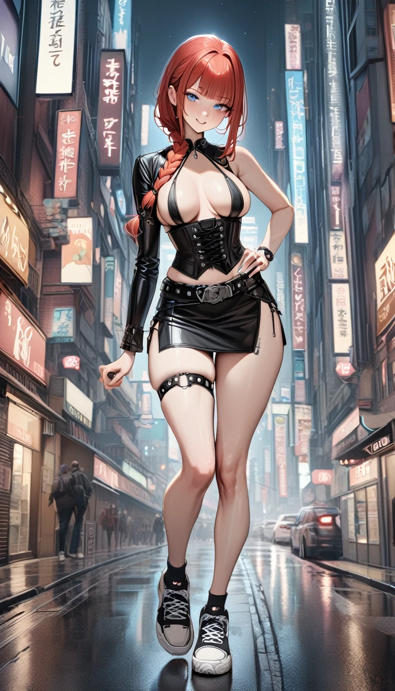 1girl, very tall, thin, (masterpiece, best quality:1.5), (photorealistic:1.3), very aesthetic, absurdres, full body, redhead, long braided ponytail, happy face, diagonal bangs, gradient blue eye, corset, sideboob, miniskirt, side slit, punk belt, sneakers, thigh gap, thigh strap for left leg only , front view pose, cityscape.
