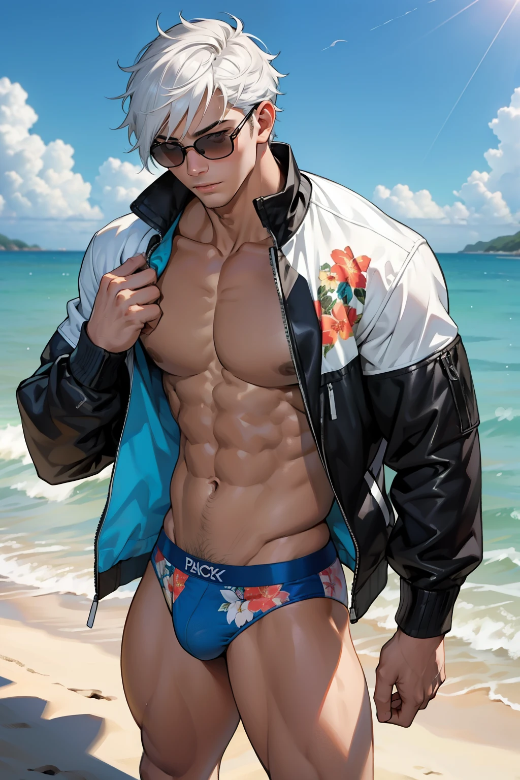 (เด็กชาย 1 คน,เป็นผู้ชาย),หนุ่มอนิเมะกล้ามโตในยิม, facial expression like masturbation, 1boy, bikini, Tight muscles, Broad shoulders, Handsome and old, Tiny underwear, Sexy, sex, Guy, Gay, Sea, jacket, sunglasses, boy, floral bikini, bright white hair, tight leg muscles, big Cook, Muscular anime guy,