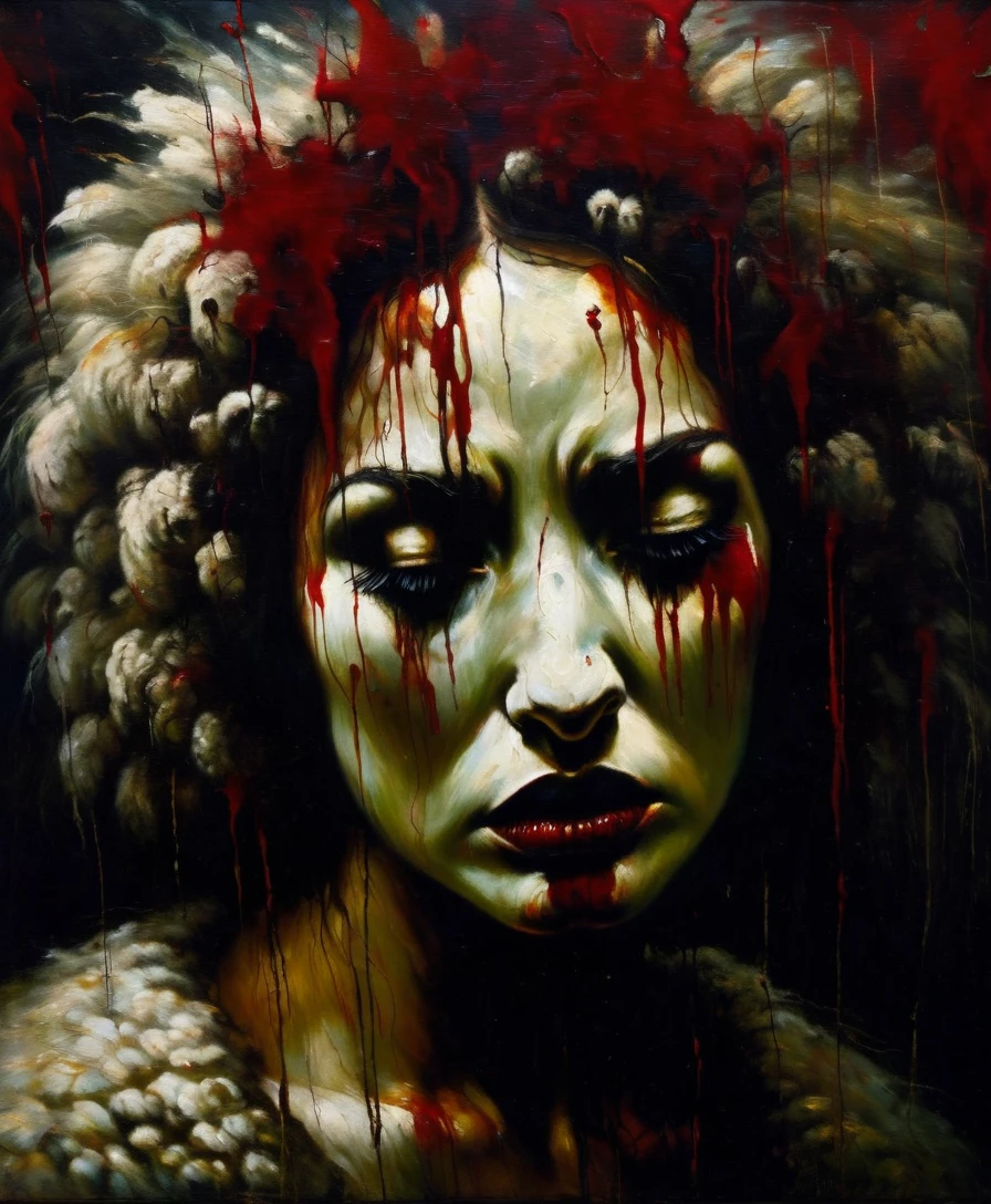 Sheep woman, expression of suffering, face raised, bloodstains, marks of aggression, oil painting, darkness background, Drama, vibe vintage